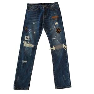 Men's Forever 21 Slim-Fit Mid-Rise Distressed Jeans 32 Slim Patches Graphics New